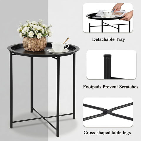 KRISHYAM® Foldable Round Side Table with Removable Tray Top, 47 cm Metal Tray Table with Collapsible X-Frame & Anti-Slip Feet, Bedside End Coffee Table for Sofa, Living Room & Bedroom, Black