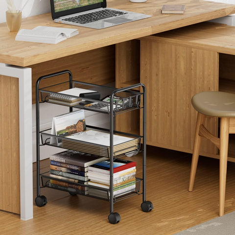 KriShyam ® 3 Tier Metal Rolling Cart with Wheels, Rolling Utility Cart Storage Organizer with Hooks, Easy Assemble for Kitchen, Bathroom, Living Room, Office, Nursery, Garage (Black)