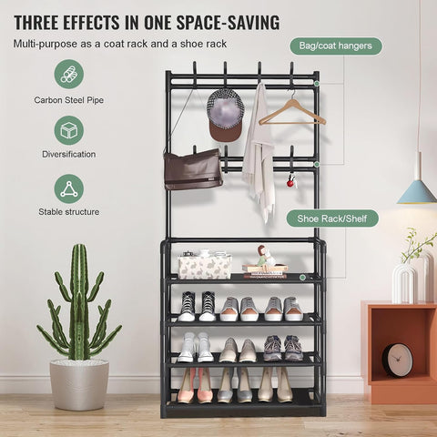 KriShyam® 3-in-1 Entryway Coat Rack & Shoe Bench – Hooks and Shelves for Hats, Coats, and Umbrellas – Stylish Black Multifunctional Organizer (4-TIER)