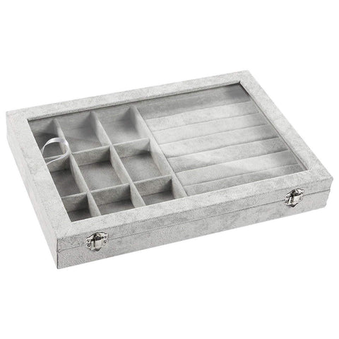 LockWomen ஜூவல்லரி ஸ்டோரேஜ் பேக்கேஜிங்குடன் கூடிய கிரிஷ்யாம்® மூடி நகைப் பெட்டி அமைப்பாளர் (9 வரிசைகள் காதணி மோதிரம் கேஸ் 9 கிரிட்) பெண்கள்/பெண்களுக்கான நகை சேமிப்பு பெட்டி (2 இல் 1)