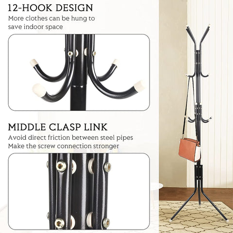 KriShyam® Coat Rack with 12 Hooks, 5.6ft Metal coat rack freestanding,Cloth stand Coat Tree Hats Hanger Holder for Purse, Scarf Rack, Jacket, Umbrella Tree Stand