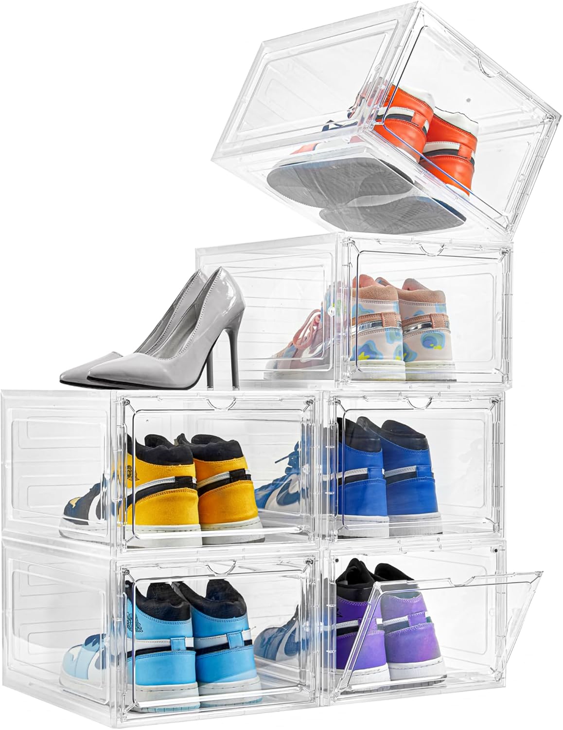 KRISHYAM® Drop Front Shoe Box with Clear Door,6 pack Plastic Shoe Boxes Stackable,Thicken & Sturdy Organizer Containers For Sneakers,Fit up to US Size 12(13.5”x 10.5”x 7.4”) (Set of 6, BlackWhite)