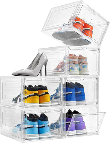KRISHYAM® Drop Front Shoe Box with Clear Door,6 pack Plastic Shoe Boxes Stackable,Thicken & Sturdy Organizer Containers For Sneakers,Fit up to US Size 12(13.5”x 10.5”x 7.4”) (Set of 6, BlackWhite)