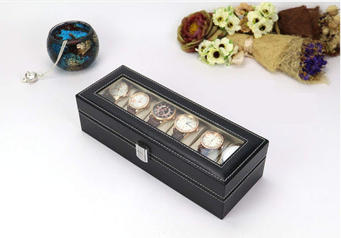 KriShyam® Wrist Watch Storage Box Display Case Organizer of Faux Leather Finish with Glass Window 6 Slot 30x8x11 cm