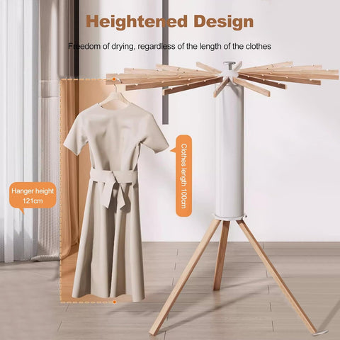 KRISHYAM® 16 Stick Clothes Drying Rack - Portable Indoor/Outdoor Laundry Airer | Space-Saving Tripod Design | Natural Bamboo & White Finish (16 Stick-White & Wooden)