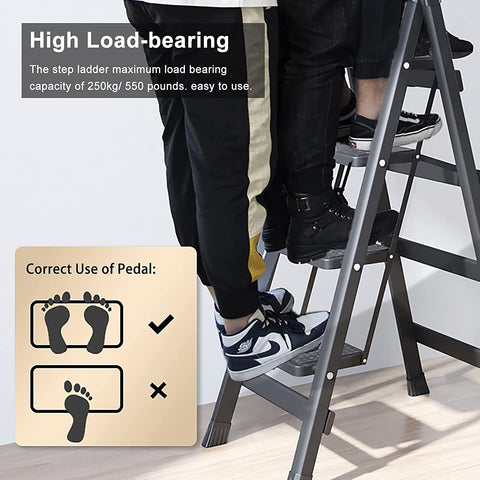 KRISHYAM 4-Step Folding Step Ladder – Heavy Duty Black Step Stool with Handrails, Portable Steel Frame, (Black, 4 STEP LADDER)