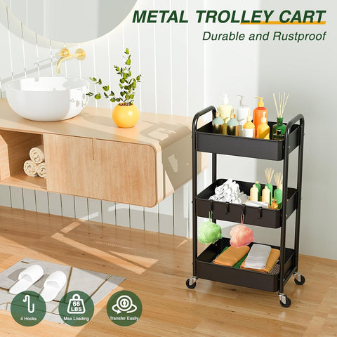 KriShyam ® 3 Tier Metal Rolling Cart with Wheels, Rolling Utility Cart Storage Organizer with Hooks, Easy Assemble for Kitchen, Bathroom, Living Room, Office, Nursery, Garage (Black)