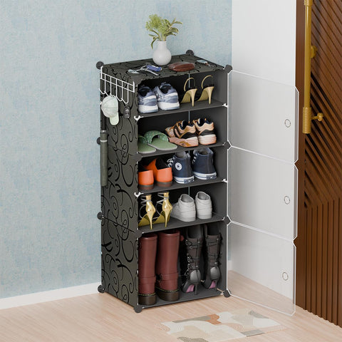 KRISHYAM® Plastic Shoe Rack for Home with Door | Modular Stackable Shoe Organizer | Waterproof & Dustproof Shoe Storage Rack for Bedroom, Entryway & Closet | 3 Door 6 Step (Black)