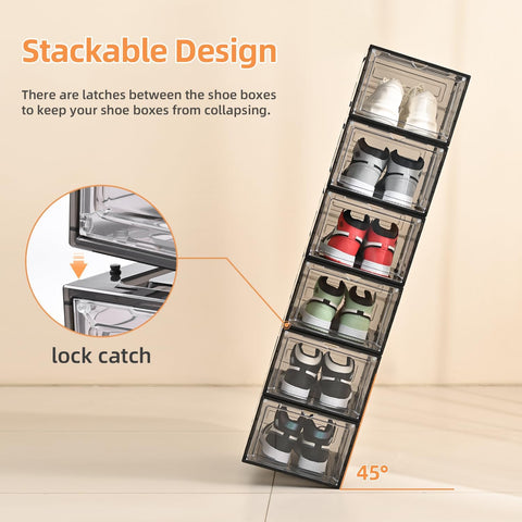 KRISHYAM® Drop Front Shoe Box with Clear Door,6 pack Plastic Shoe Boxes Stackable,Thicken & Sturdy Organizer Containers For Sneakers,Fit up to US Size 12(13.5”x 10.5”x 7.4”) (Set of 6, BlackWhite)