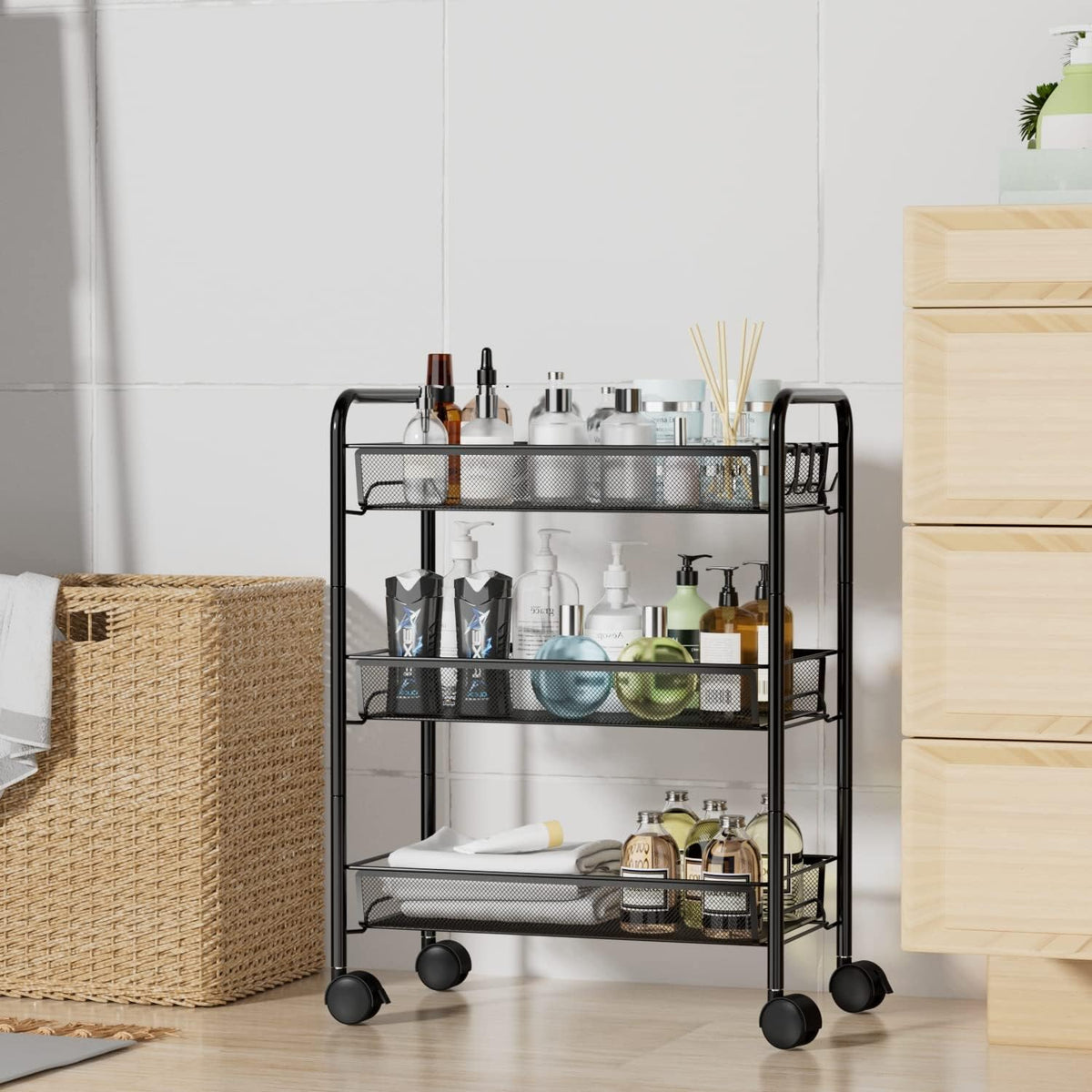 KriShyam ® Rolling Storage Organizer with Wooden Tabletop, Metal Utility, Lockable Wheels for Kitchen, Office, Bedroom (3-Layer Rectangular)