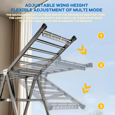 KriShyam® Clothes Drying Rack,Foldable 3-Level Laundry Drying Rack,Free-Standing Rack with Height-Adjustable Wings 22 Drying Rails,with Shoe Holder with 4 Wheels,Grey