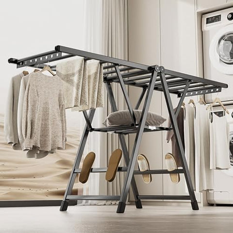KriShyam® Clothes Drying Rack,Foldable 3-Level Laundry Drying Rack,Free-Standing Rack with Height-Adjustable Wings 22 Drying Rails,with Shoe Holder with 4 Wheels,Grey