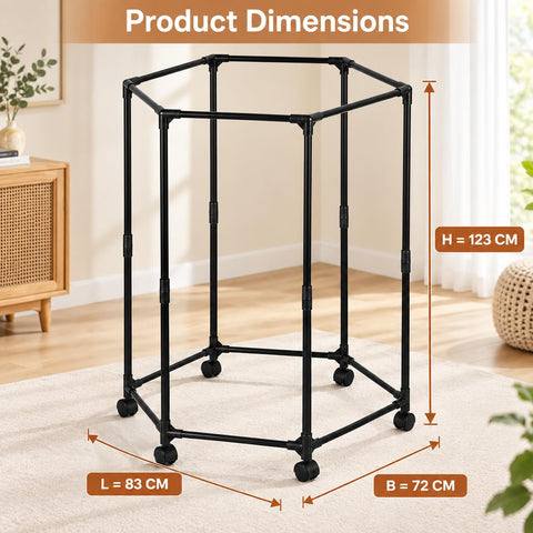 KRISHYAM® Hexagonal Clothes Hanger Rack with Wheels, 6-Sided Freestanding Garment Stand, Steel Clothes Organizer for Bedroom, Dressing Room & Laundry, 83 x 72 x 123 cm, Black