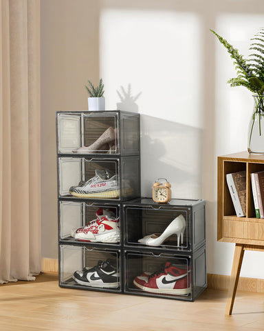 KRISHYAM® Drop Front Shoe Box with Clear Door,6 pack Plastic Shoe Boxes Stackable,Thicken & Sturdy Organizer Containers For Sneakers,Fit up to US Size 12(13.5”x 10.5”x 7.4”) (Set of 6, BlackWhite)