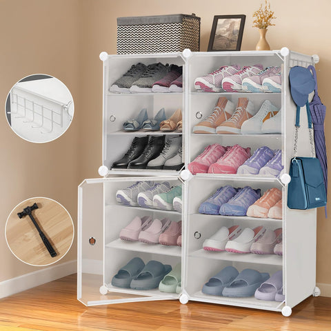KRISHYAM® 12 Step Modular Shoe Rack Cabinet with Doors & Side Hooks, Stackable Plastic Shoe Organizer Storage Cabinet for Entryway, Bedroom & Closet, Dustproof (4 Door 12 Step (Black))