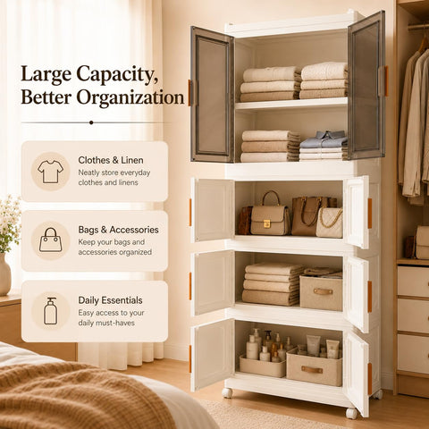 KRISHYAM® 4-Tier Plastic Storage Cabinet with 1 Transparent Door & Wheels, Smoky Translucent Doors, Multipurpose Clothes Organizer for Bedroom & Home, 159 x 69 x 34 cm