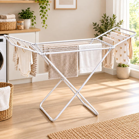 KRISHYAM® Foldable Clothes Drying Rack with Wings, Lightweight Metal Laundry Stand, X-Frame Drying Stand with Anti-Slip Feet for Indoor, Balcony & Home,(146 x 50 x 88 cm), White