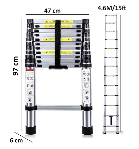 KriShyam® Telescopic Ladder, 4.6M/15ft Stainless Steel Lightweight Telescoping Ladders, Multi-Purpose Compact Extension Ladder for Indoor or Outdoor Working, 150Kg Capacity