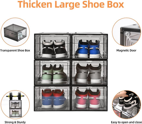 KRISHYAM® Drop Front Shoe Box with Clear Door,6 pack Plastic Shoe Boxes Stackable,Thicken & Sturdy Organizer Containers For Sneakers,Fit up to US Size 12(13.5”x 10.5”x 7.4”) (Set of 6, BlackWhite)
