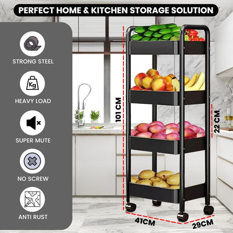 KRISHYAM® 4-Tier Metal Rolling Storage Trolley Cart with Wheels & Handle | Multipurpose Utility Organizer for Kitchen, Bathroom, Office & Salon | Heavy-Duty Steel (4-Layer Square)
