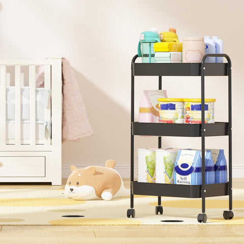 KriShyam ® 3 Tier Metal Rolling Cart with Wheels, Rolling Utility Cart Storage Organizer with Hooks, Easy Assemble for Kitchen, Bathroom, Living Room, Office, Nursery, Garage (Black)