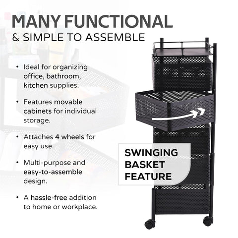 KRISHYAM® 6-Tier Metal Rolling Kitchen Storage Trolley with Mesh Baskets & Wheels | Multipurpose Vegetable, Fruit & Pantry Organizer Cart | Heavy-Duty Steel | Black (6-Tier Square)
