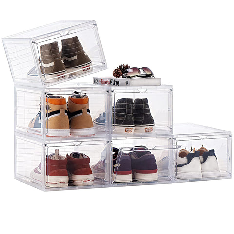 KRISHYAM® Drop Front Shoe Box with Clear Door,6 pack Plastic Shoe Boxes Stackable,Thicken & Sturdy Organizer Containers For Sneakers,Fit up to US Size 12(13.5”x 10.5”x 7.4”) (Set of 6, BlackWhite)