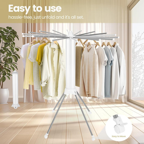 KRISHYAM® 16 Stick Clothes Drying Rack - Portable Indoor/Outdoor Laundry Airer | Space-Saving Tripod Design | Natural Bamboo & White Finish (16 Stick-White & Wooden)