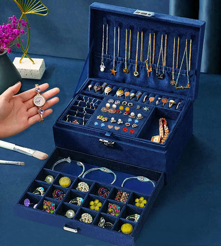 KRISHYAM® 3-Layer Velvet Jewelry Storage Box with Lock – Multi-Compartment Organizer Case for Rings, Earrings, Bracelets, Necklaces & Watches (Blue)