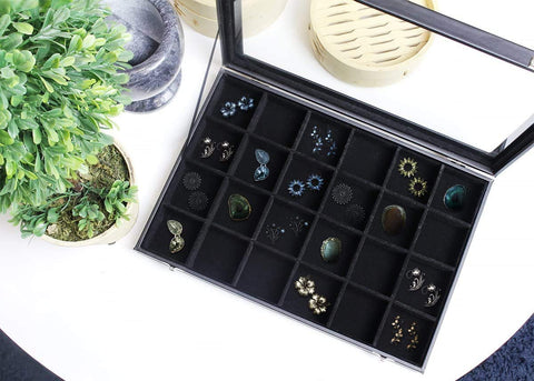 KriShyam®  Removable 24 Grid Jewelry Boxes Stackers Jewelry Display Case Clear Top New Velvet material with Lock (24 Grid Box Black)35 x 24 x 5cm