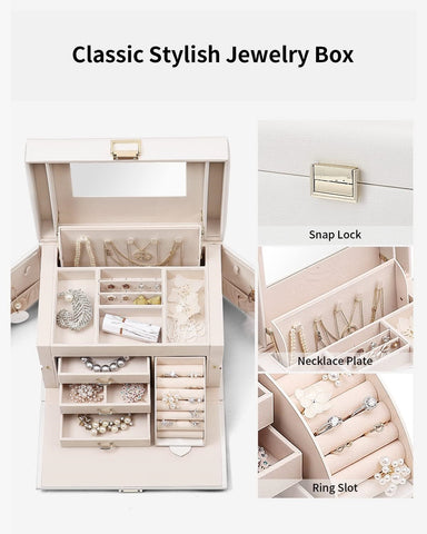 KRISHYAM® Jewelry Box, 4 Layer Leather Jewelry Boxes, Jewelry Organizer with Mirror and Lock for Girls Women Bracelets Rings Necklaces Earrings (Black, Green, Pink, White)