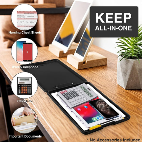 KriShyam® A4 Clipboard with Storage,Storage Clipboard with Clip,Slim Lightweight Plastic Study Writing Pad Foldable with Pen Holder & Document Compartment (Black, white, Pink)