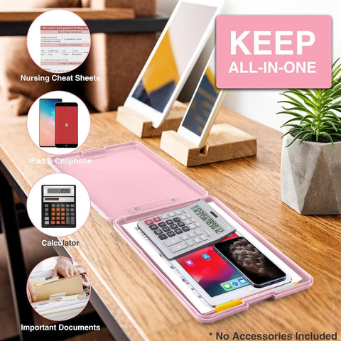 KriShyam® A4 Clipboard with Storage,Storage Clipboard with Clip,Slim Lightweight Plastic Study Writing Pad Foldable with Pen Holder & Document Compartment (Black, white, Pink)