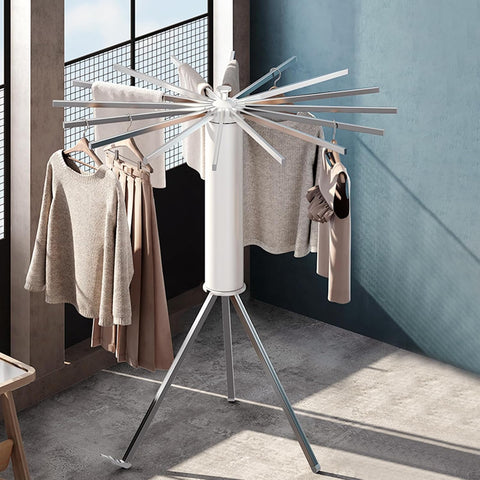 KRISHYAM® Premium Foldable Clothes Drying Rack with Wheels | 360° Rotating Telescopic Hanger Stand for Indoor & Outdoor Use (16 Stick-White & Silver with Wheel)