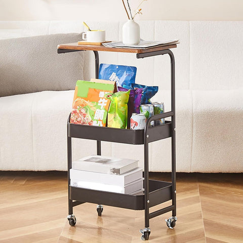 KriShyam ®Rolling Storage Organizer with Wooden Tabletop, Metal Utility, Lockable Wheels for Kitchen, Office, Bedroom (2-Layer Square with Wooden Top)