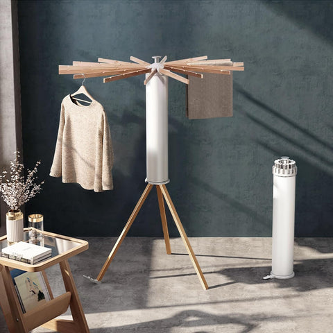 Krishyam® Foldable Clothes Drying Rack, Fan-Shaped, Tripod Stand, 360° Rotation, Wooden Poles, Foot Buckle, Indoor/Outdoor Use. (7 STICK, BLACK WOODEN)