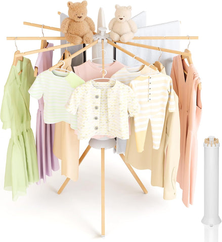 KRISHYAM® 16 Stick Clothes Drying Rack - Portable Indoor/Outdoor Laundry Airer | Space-Saving Tripod Design | Natural Bamboo & White Finish (16 Stick-White & Wooden)