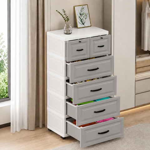 KRISHYAM® 6-Drawer Plastic Drawer Storage Cabinet with Lockable Top Compartments & Concealed Wheels, Multipurpose Clothes Organizer for Bedroom, Kids Room & Home (6 Drawer (Grey & White))