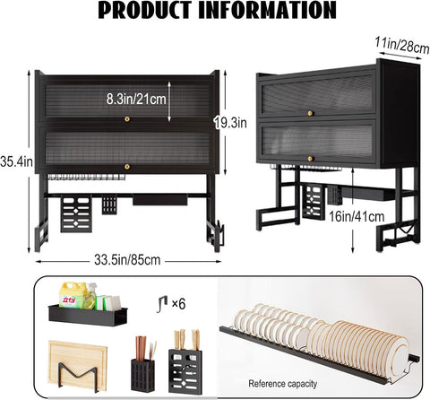 KRISHYAM® 2-Tier Over-the-Sink Dish Drying Rack with Dustproof Flip-Up Covers, Black Metal Kitchen Organizer with Plate & Bowl Storage, Cutlery Holder & Knife Holder | 66 cm & 86 cm Options