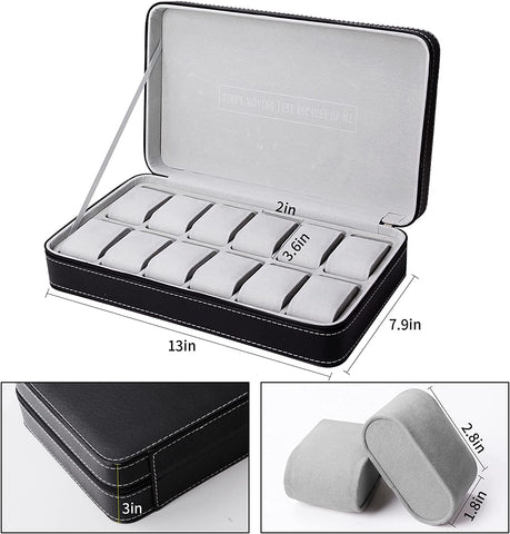 KriShyam® 12-Slot Watch Box,Watch Cases for Men,Watch Holder with Removable Watch Pillow,Portable Zip Watch Travel Case,Black Synthetic Leather,Flannel Grey Lining