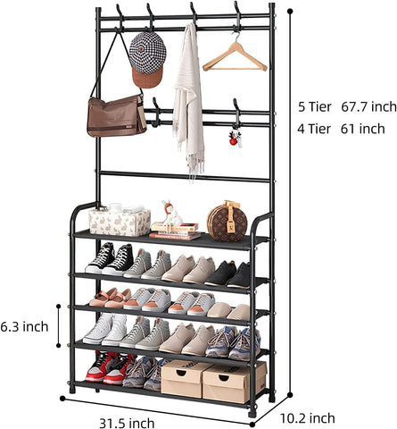 KriShyam® 3-in-1 Entryway Coat Rack & Shoe Bench – Hooks and Shelves for Hats, Coats, and Umbrellas – Stylish Black Multifunctional Organizer (5 - Tier )