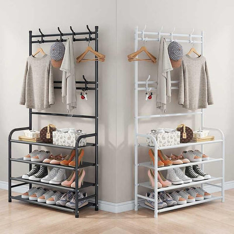 KriShyam® 3-in-1 Entryway Coat Rack & Shoe Bench – Hooks and Shelves for Hats, Coats, and Umbrellas – Stylish Black Multifunctional Organizer (4-TIER)