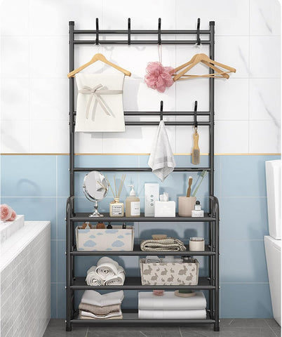 KriShyam® 3-in-1 Entryway Coat Rack & Shoe Bench – Hooks and Shelves for Hats, Coats, and Umbrellas – Stylish Black Multifunctional Organizer (4-TIER)