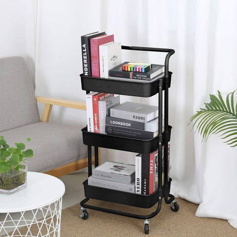 KriShyam ® Rolling Storage Organizer with Wooden Tabletop, Metal Utility, Lockable Wheels for Kitchen, Office, Bedroom (3-Layer Square with Handle)