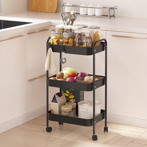 KriShyam ® 3 Tier Metal Rolling Cart with Wheels, Rolling Utility Cart Storage Organizer with Hooks, Easy Assemble for Kitchen, Bathroom, Living Room, Office, Nursery, Garage (Black)