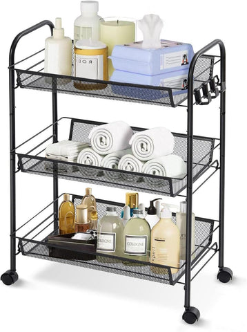 KriShyam ® Rolling Storage Organizer with Wooden Tabletop, Metal Utility, Lockable Wheels for Kitchen, Office, Bedroom (3-Layer Rectangular)