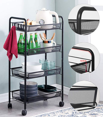 KriShyam ® Rolling Storage Organizer with Wooden Tabletop, Metal Utility, Lockable Wheels for Kitchen, Office, Bedroom (4-Layer Rectangular)