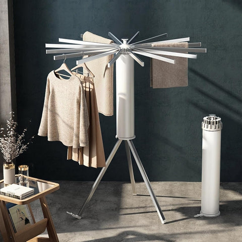 KRISHYAM® Premium Foldable Clothes Drying Rack with Wheels | 360° Rotating Telescopic Hanger Stand for Indoor & Outdoor Use (16 Stick-White & Silver with Wheel)