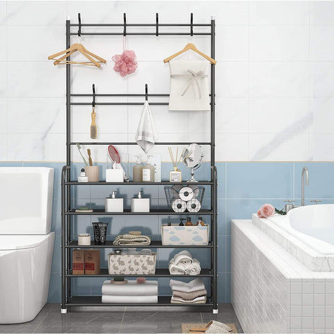 KriShyam® 3-in-1 Entryway Coat Rack & Shoe Bench – Hooks and Shelves for Hats, Coats, and Umbrellas – Stylish Black Multifunctional Organizer (5 - Tier )