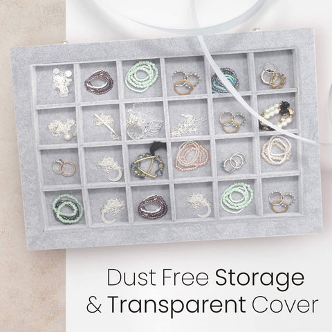 KriShyam® 24 Grid Velvet Jewelry Storage box Bathroom Cosmetic Organizers with Clear Transparent Lid Velvet material jewelry Storage Organizer Box,Lockable,Removable grid,(24 Grid,Grey)35 x 24 x 5cm